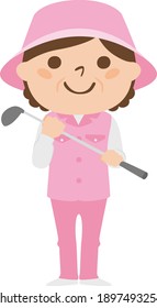 Illustration of a female caddy working on a golf course. A woman standing with a golf club.