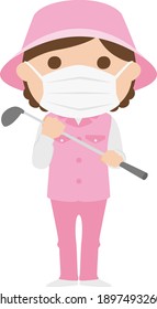 Illustration of a female caddy working on a golf course. A woman wearing a mask.