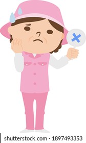 Illustration of a female caddy working on a golf course. Women are in trouble with a cross sign.