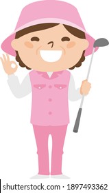 Illustration of a female caddy working on a golf course. A woman giving an okay sign by hand.