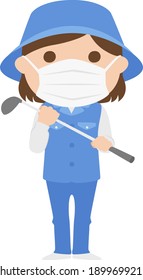 Illustration Of A Female Caddy Working On A Golf Course. A Young Woman Wearing A Mask.