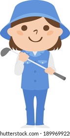 Illustration Of A Female Caddy Working On A Golf Course. A Young Woman Standing With A Golf Club.