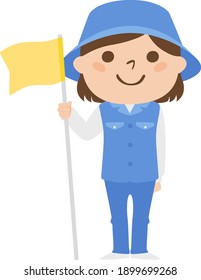 Illustration Of A Female Caddy Working On A Golf Course. A Young Woman Holding A Golf Flag Stick.