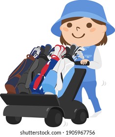 Illustration of a female caddy working on a golf course. A woman pushing a golf cart with Golf Bags on it.