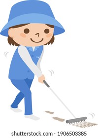 Illustration of a female caddy working on a golf course. A woman uses a rake to clean a golf bunker.
