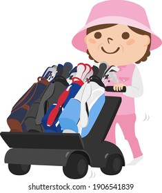 Illustration of a female caddy working on a golf course. A woman pushing a golf cart with Golf Bags on it.