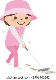 Illustration of a female caddy working on a golf course. A woman uses a rake to clean a golf bunker.