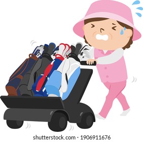 Illustration Of A Female Caddy Working On A Golf Course. A Tired Woman With A Heavy Golf Cart Carrying Golf Bags.