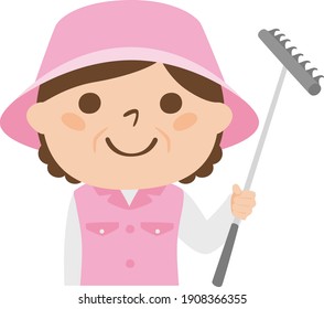Illustration of a female caddy working on a golf course. She is a woman with a rake used in a golf bunker.