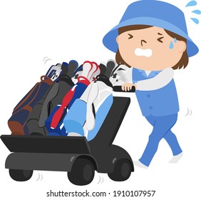 Illustration Of A Female Caddy Working On A Golf Course. A Tired Woman With A Heavy Golf Cart Carrying Golf Bags.