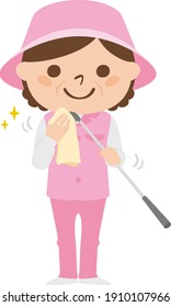 Illustration of a female caddy working on a golf course. A woman cleaning a golf club with a towel.