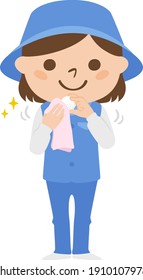 Illustration of a female caddy working on a golf course. A woman who cleans golf balls with a towel.