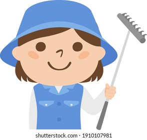 Illustration Of A Female Caddy Working On A Golf Course. She Is A Woman With A Rake Used In A Golf Bunker.