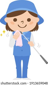 Illustration of a female caddy working on a golf course. A woman cleaning a golf club with a towel.