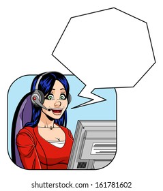 Illustration of female call center operator smiling and talking. In the balloon there is space for your text.