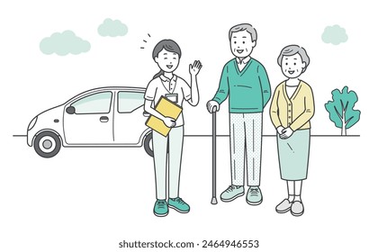 Illustration of a female care worker or care manager and an elderly couple having a conversation outside