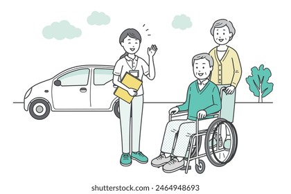 Illustration of a female care worker or care manager and an elderly couple having a conversation outside