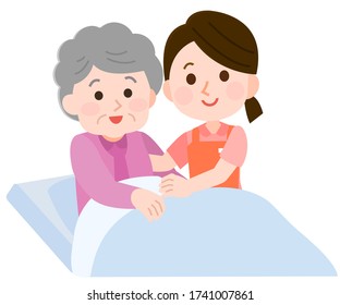 Illustration of a female caregiver holding up an old woman