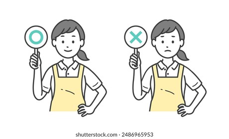Illustration of a female caregiver wearing an apron holding up a circle and a cross and putting her hands on her hips
