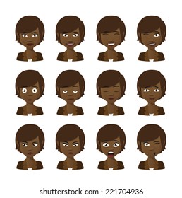 Illustration of a female cartoon avatar expression set