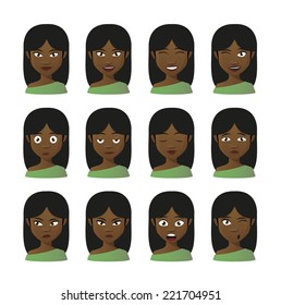 Illustration of a female cartoon avatar expression set