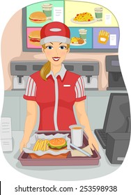 Illustration Of A Female Cashier At A Fast Food Restaurant