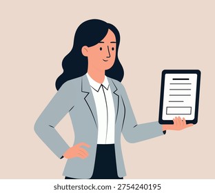 Illustration of female character holding document or paper in hand, concept of business paperwork, office work, report review and professional communication.