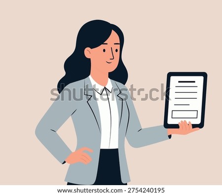 Illustration of female character holding document or paper in hand, concept of business paperwork, office work, report review and professional communication.
