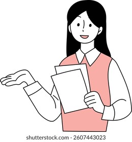Illustration of a female character holding documents.