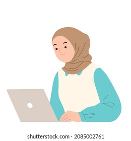 
illustration of female character wearing hijab working in office