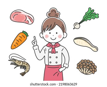 An illustration of a female chef explaining ingredients.