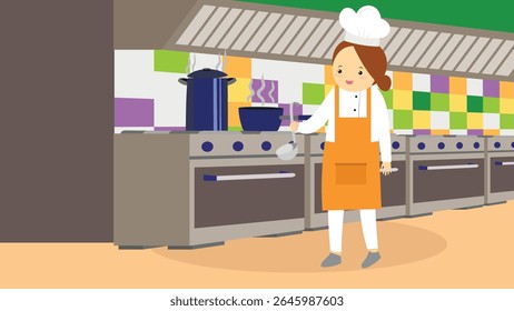 Illustration of a female chef standing in front of a kitchen counter