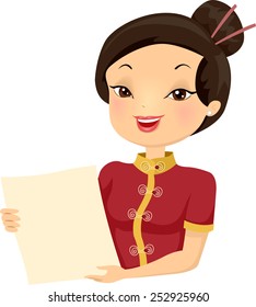 Illustration of a Female Chinese Restaurant Employee Holding a Menu