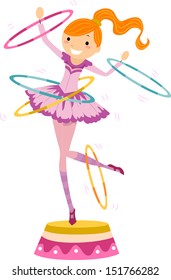 Illustration of a Female Circus Performer Twirling Hoops While Standing on a Platform