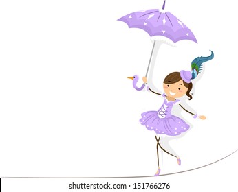 Illustration of a Female Circus Performer Walking on a Tightrope
