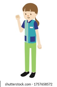 Illustration of a female clerk at convenience store (raising his arm in triumph)