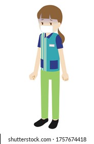 Illustration of a female clerk at convenience store wearing a mask (looks pale)