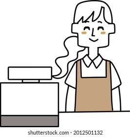 Illustration of a female clerk waiting for a customer at the cash register
