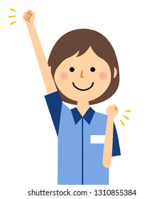 It is an illustration of a female clerk who makes a Victory pose.