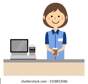 It is an illustration of a female clerk who makes coffee.