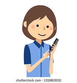 It is an illustration of a female clerk who operates a smart phone.