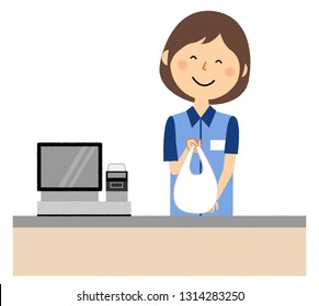 It is an illustration of a female clerk who works at a cashier counter.