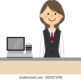 It is an illustration of a female clerk who works at a cashier counter.