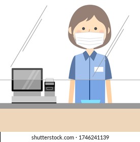 It is an illustration of a female clerk working at a cashier counter with measures against splash infection.