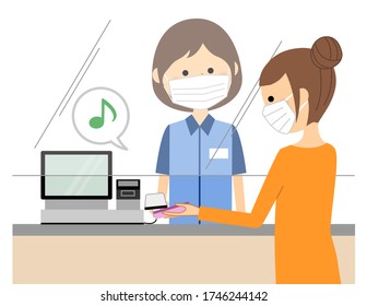 It is an illustration of a female clerk working at a cashier counter with measures against splash infection.