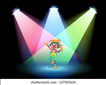 Illustration of a female clown with flowers at the stage