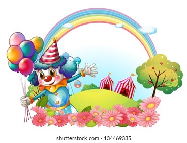 Illustration of a female clown at the hill with a rainbow on a white background