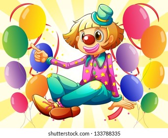 Illustration of a female clown sitting in the middle of the balloons