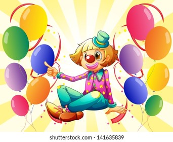 Illustration of a female clown sitting surrounded with colorful balloons on a white background