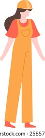 Illustration of a female construction worker wearing orange overalls and a hard hat. The character represents women in diverse professions, emphasizing gender equality in the workforce